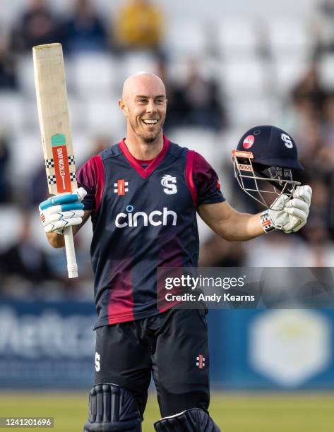 Chris Lynn of Northamptonshire Steelbacks acknowledges the applause on reaching his century during the Vitality T20 Blast match between...