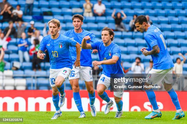 Nicolò Rovella of Italy celebrates with teammates after scoring 1-1 with a penalty shot during the UEFA European Under-21 Championship Qualifier...