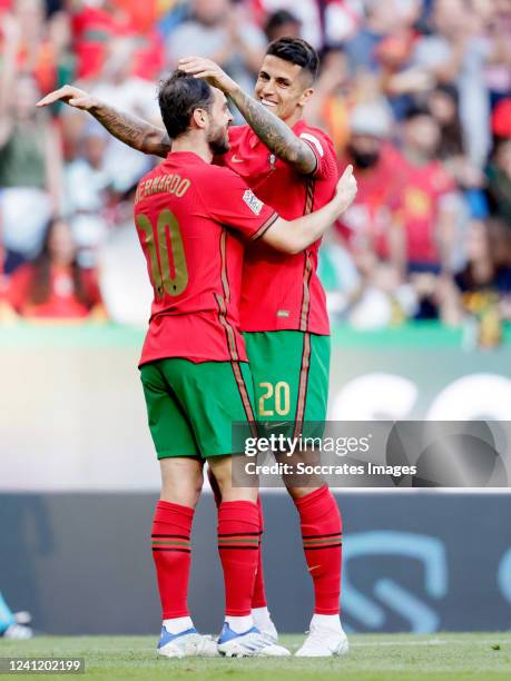 Joao Cancelo of Portugal celebrates 1-0 with Bernardo Silva of Portugal during the UEFA Nations league match between Portugal v Czech Republic at the...