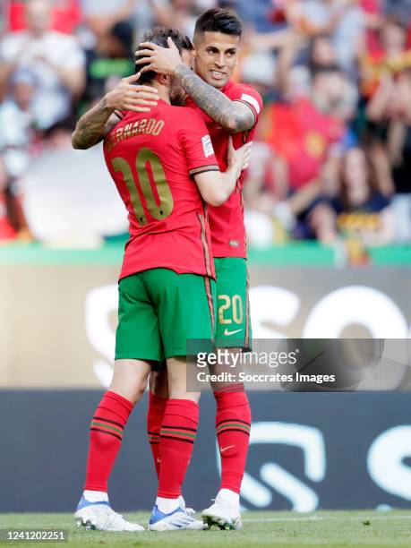 Joao Cancelo of Portugal celebrates 1-0 with Bernardo Silva of Portugal during the UEFA Nations league match between Portugal v Czech Republic at the...