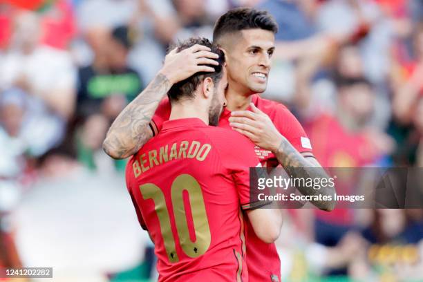 Joao Cancelo of Portugal celebrates 1-0 with Bernardo Silva of Portugal during the UEFA Nations league match between Portugal v Czech Republic at the...