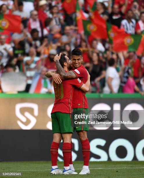 João Cancelo of Portugal celebrates with teammate after scoring a goal during the UEFA Nations League League A Group 2 match between Portugal and...