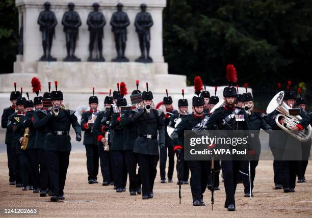 The Band and Bugles of The Rifles performs as Camilla, Duchess of Cornwall attends the Rifles Sounding Retreat on June 9, 2022 in London, England.