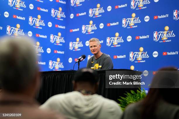 Head Coach Steve Kerr of the Golden State Warriors talks to the media during 2022 NBA Finals Practice and Media Availability on June 9, 2022 at the...