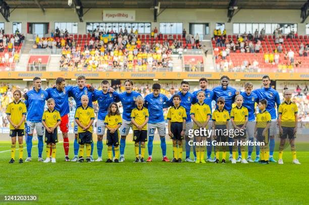 Italy line up prior to the UEFA European Under-21 Championship Qualifier Group F match between Sweden U21 and Italy U21 at Olympia on June 9, 2022 in...