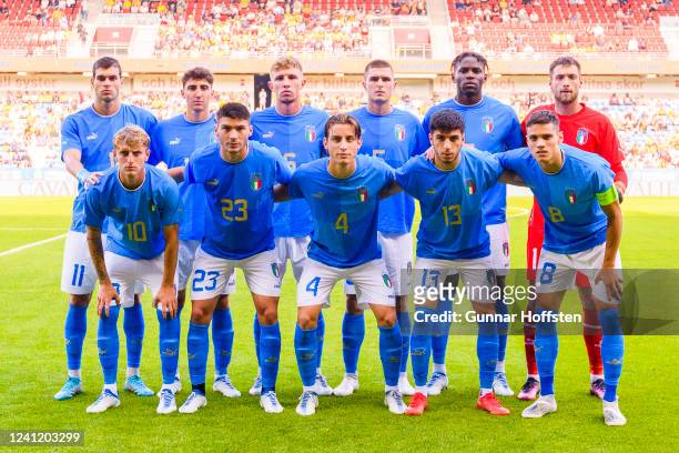 Italy line up prior to the UEFA European Under-21 Championship Qualifier Group F match between Sweden U21 and Italy U21 at Olympia on June 9, 2022 in...