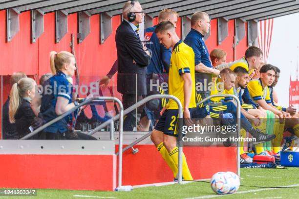 Emil Holm of Sweden leaves the pitch after receiving a red card during the UEFA European Under-21 Championship Qualifier Group F match between Sweden...