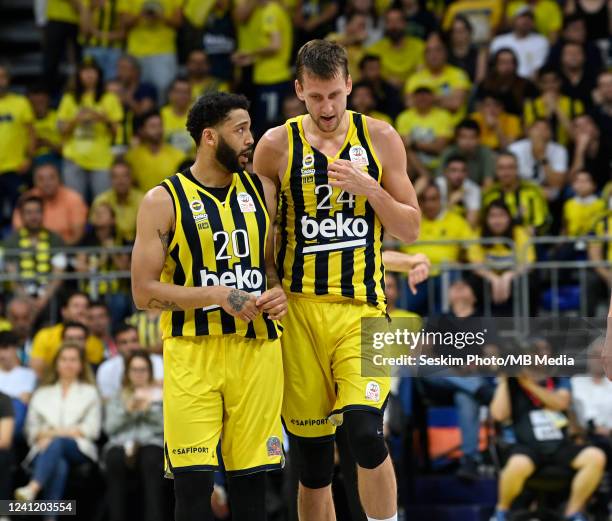 Pierria Henry and Jan Vesely of Fenerbahce Beko during the ING Turkish Super League Final series second leg match between Fenerbahce Beko and Anadolu...