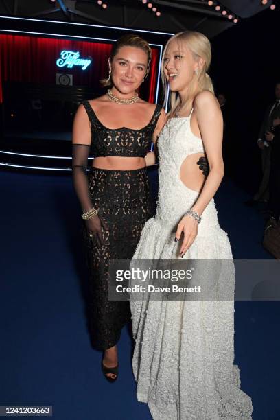 Florence Pugh and Rosé attend the opening of Tiffany & Co.'s Brand Exhibition - Vision & Virtuosity - at the Saatchi Gallery on June 9, 2022 in...