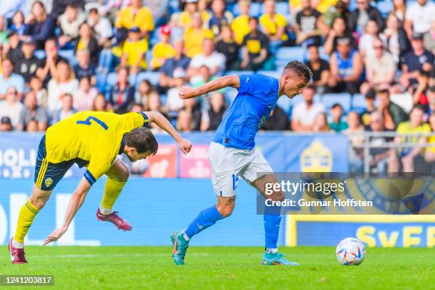 Pavle Vagic of Sweden and Sebastiano Esposito of Italy in action during the UEFA European Under-21 Championship Qualifier Group F match between...