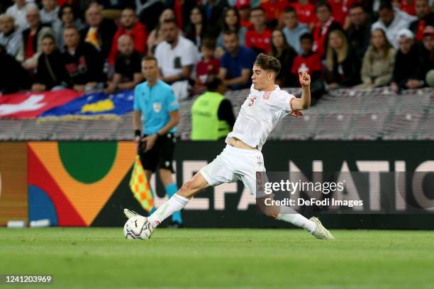 Gavi of Spain controls the Ball during the UEFA Nations League League A Group 2 match between Switzerland and Spain at Stade de Geneve on June 9,...