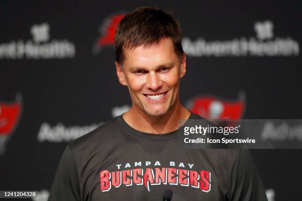 Tampa Bay Buccaneers quarterback Tom Brady speaks to the media after the Tampa Bay Buccaneers Minicamp on June 09, 2022 at the AdventHealth Training...
