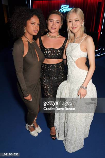 Paola Locatelli, Florence Pugh and Rosé attend the opening of Tiffany & Co.'s Brand Exhibition - Vision & Virtuosity - at the Saatchi Gallery on June...