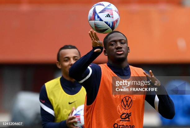 France's defender Ibrahima Konate throws during a training session on the eve of the UEFA Nations League football match against Austria at the Ernst...