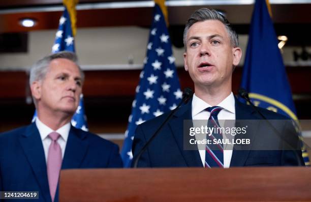 House Minority Leader Kevin McCarthy, Republican of California, and Representative Jim Banks , Republican of Indiana, holds a press conference on...