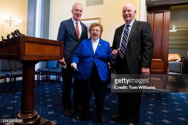 Former Sen. Barbara Mikulski, D-Md., is seen with Sen. Ben Cardin, D-Md., right, and Sen. Chris Van Hollen, D-Md., during a ceremony to name rooms on...