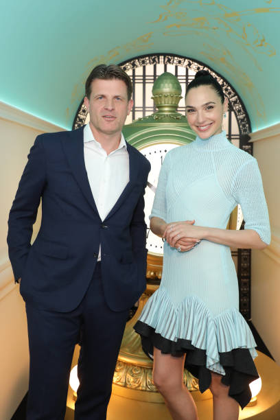Anthony Ledru, President & CEO of Tiffany & Co., and Gal Gadot attend the opening of Tiffany & Co.'s Brand Exhibition - Vision & Virtuosity - at the...
