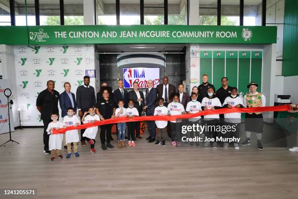 Steve Pagliuca, Managing Partner of the Boston Celtics and NBA Commissioner Adam Silver cuts the ribbon at the NBA Finals Legacy Project as part of...