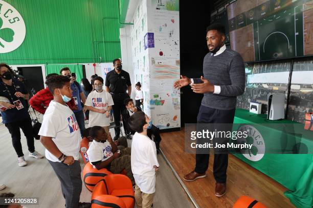 Legend Leon Powe of the Boston Celtics with the kids at the NBA Finals Legacy Project as part of the 2022 NBA Finals on June 9, 2022 at the Roxbury...