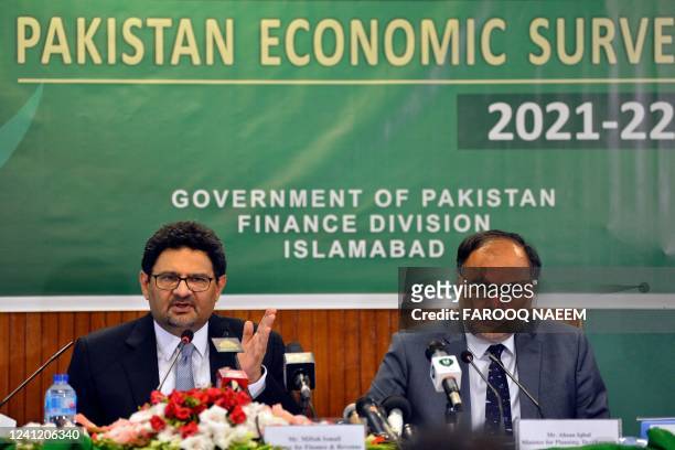 Pakistan's Finance Minister Miftah Ismail speaks during the launch ceremony of 'Economy Survey 2021-22' as the Minister for Planning and Development...