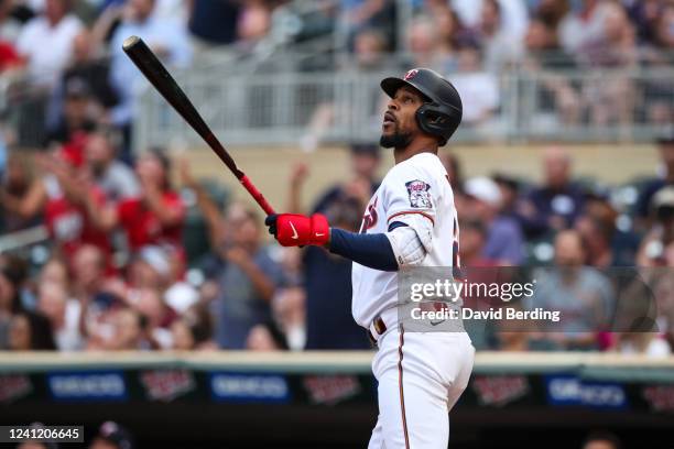 Byron Buxton of the Minnesota Twins watches his solo home run, the second of three solo home runs in a row in the first inning of the game against...