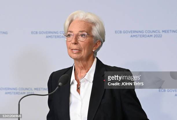 European Central Bank President Christine Lagarde delivers a speech during a press conference after a Governing Council meeting focused on monetary...