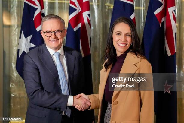 Australian Prime Minister Anthony Albanese greets his New Zealand counterpart Jacinda Ardern ahead of a bilateral meeting on June 10, 2022 in Sydney,...