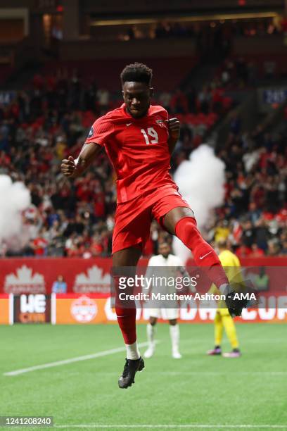Alphonso Davies of Canada celebrates after scoring a goal to make it 1-0 the Canada v Curacao CONCACAF Nations League Group C match at BC Place on...