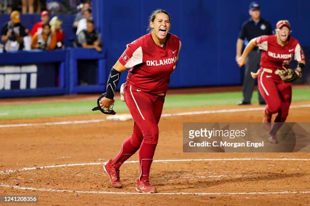Hope Trautwein of the Oklahoma Sooners reacts to the final out of the game against the Texas Longhorns during the Division I Women's Softball...