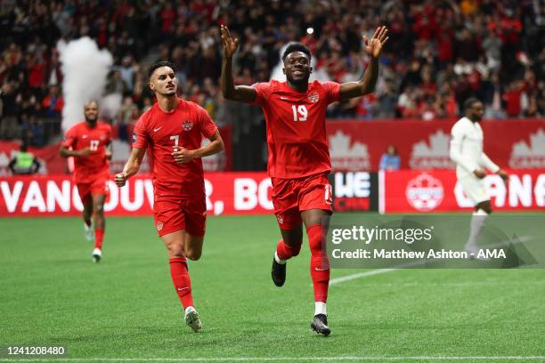 Alphonso Davies of Canada celebrates after scoring a goal to make it 1-0 the Canada v Curacao CONCACAF Nations League Group C match at BC Place on...