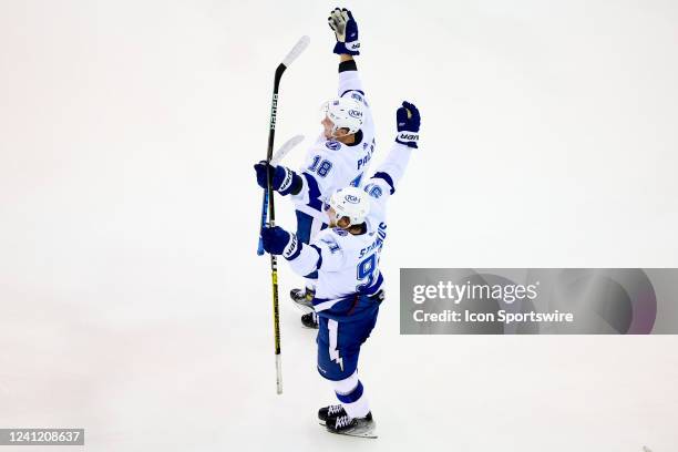 Tampa Bay Lightning left wing Ondrej Palat celebrates with teammate Tampa Bay Lightning center Steven Stamkos after scoring during the third period...