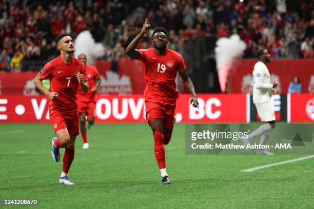 Alphonso Davies of Canada celebrates after scoring a goal to make it 1-0 the Canada v Curacao CONCACAF Nations League Group C match at BC Place on...