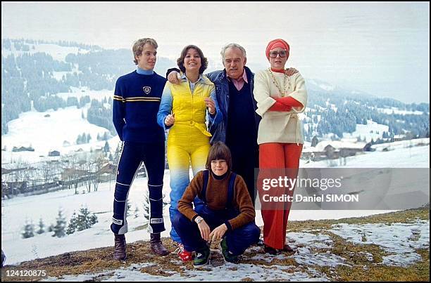 The Monegasque Royal Family in Gstaad, Switzerland, March 1976. Left to right: Prince Albert, Princess Caroline, Princess Stéphanie, Prince Rainier...