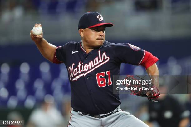 Erasmo Ramírez of the Washington Nationals pitches in the fifth inning during the game between the Washington Nationals and the Miami Marlins at...