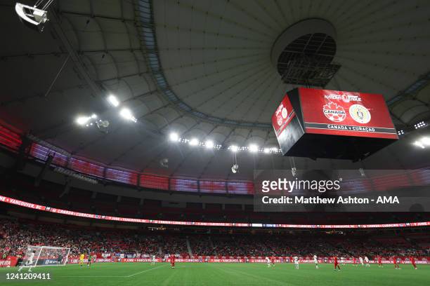 General view of match action in the BC Place stadium during the Canada v Curacao CONCACAF Nations League Group C match at BC Place on June 9, 2022 in...