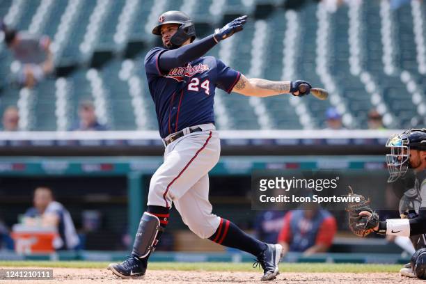 Minnesota Twins catcher Gary Sanchez bats during an MLB game against the Detroit Tigers on May 31, 2022 at Comerica Park in Detroit, Michigan.