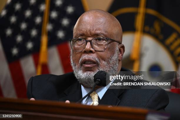 Representative Bennie Thompson, chairman of the House committee investigating the Capitol riot, speaks during a House Select Committee hearing to...