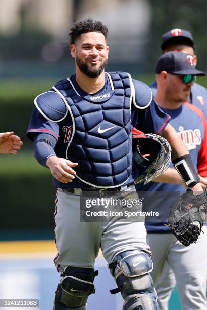 Minnesota Twins catcher Gary Sanchez looks on following a win in an MLB game against the Detroit Tigers on May 31, 2022 at Comerica Park in Detroit,...