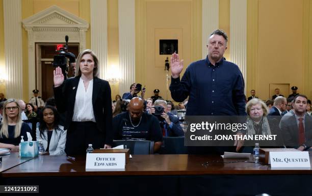 Witnesses Caroline Edwards , US Capitol police officer, and and British film producer Nick Quested are sworn in during a House Select Committee...