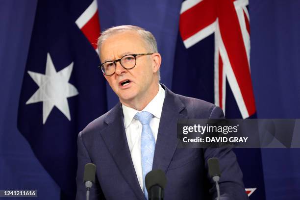 Australian Prime Minister Anthony Albanese speaks at a joint press conference with visiting New Zealand Prime Minister Jacinda Ardern in Sydney on...