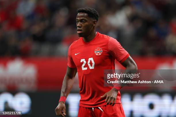 Jonathan David of Canada during the Canada v Curacao CONCACAF Nations League Group C match at BC Place on June 9, 2022 in Vancouver, Canada.