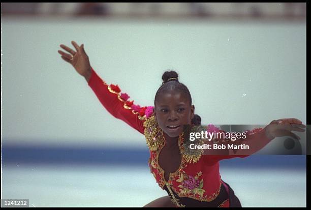 SURYA BONALY OF FRANCE IN ACTION DURING HER ROUTINE IN THE WOMENS FIGURE SKATING COMPETITION AT THE 1992 WINTER OLYMPICS HELD IN ALBERTVILLE.
