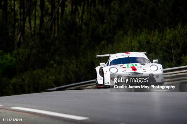 The Porsche GT Team 911 RSR - 19 of Richard Lietz, Gianmaria Bruni, and Frederic Makowiecki in action at Le Mans 24 Hours practice and qualifying on...