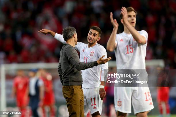 Head coach Luis Enrique of Spain, Ferran Torres of Spain and Diego Llorente of Spain gestures after the UEFA Nations League League A Group 2 match...