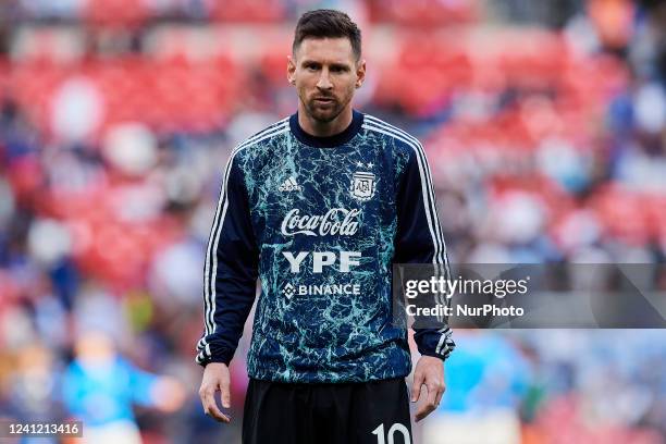 Lionel Messi of Argentina during the warm-up before the Finalissima 2022 match between Argentina and Italy at Wembley Stadium on June 1, 2022 in...