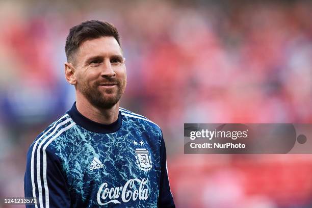 Lionel Messi of Argentina during the warm-up before the Finalissima 2022 match between Argentina and Italy at Wembley Stadium on June 1, 2022 in...