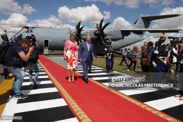 King Philippe - Filip of Belgium and Queen Mathilde of Belgium pictured during a welcoming ceremony after the arrival at Lubumbashi airport, during...