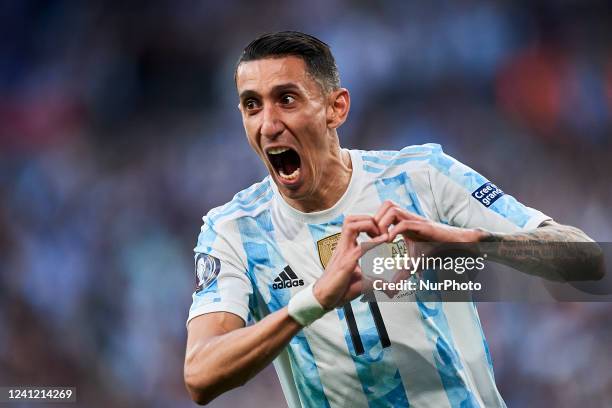 Angel Di Maria of Argentina celebrates after scoring his sides first goal during the Finalissima 2022 match between Argentina and Italy at Wembley...
