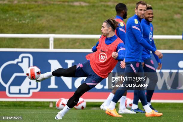 England's midfielder Jack Grealish takes part in a team training session St George's Park in Burton-upon-Trent on June 10, 2022 on the eve of thier...