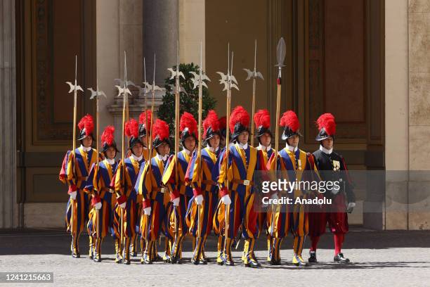 Swiss Guard line up before the arrival of the EU Commission President Ursula von der Leyen at St. Damaso courtyard for her meeting with Pope Francis...